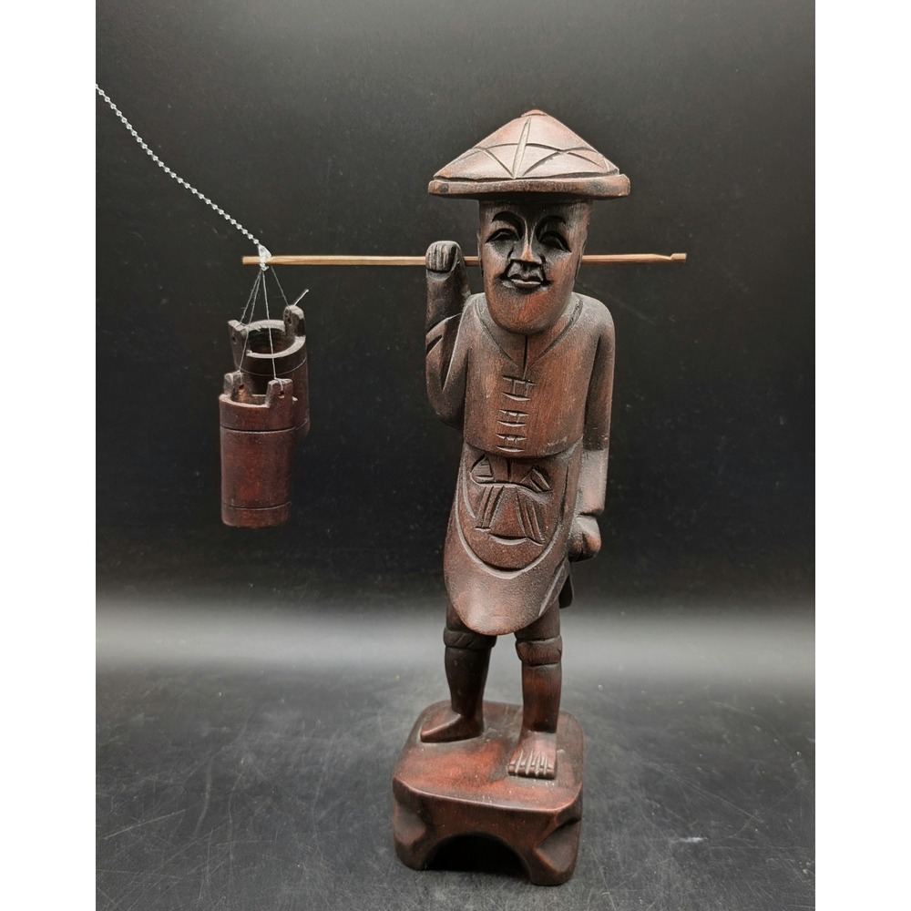Vintage Hand Carved Wood Chinese Water Carrier Figurine Taiwan Republic of China